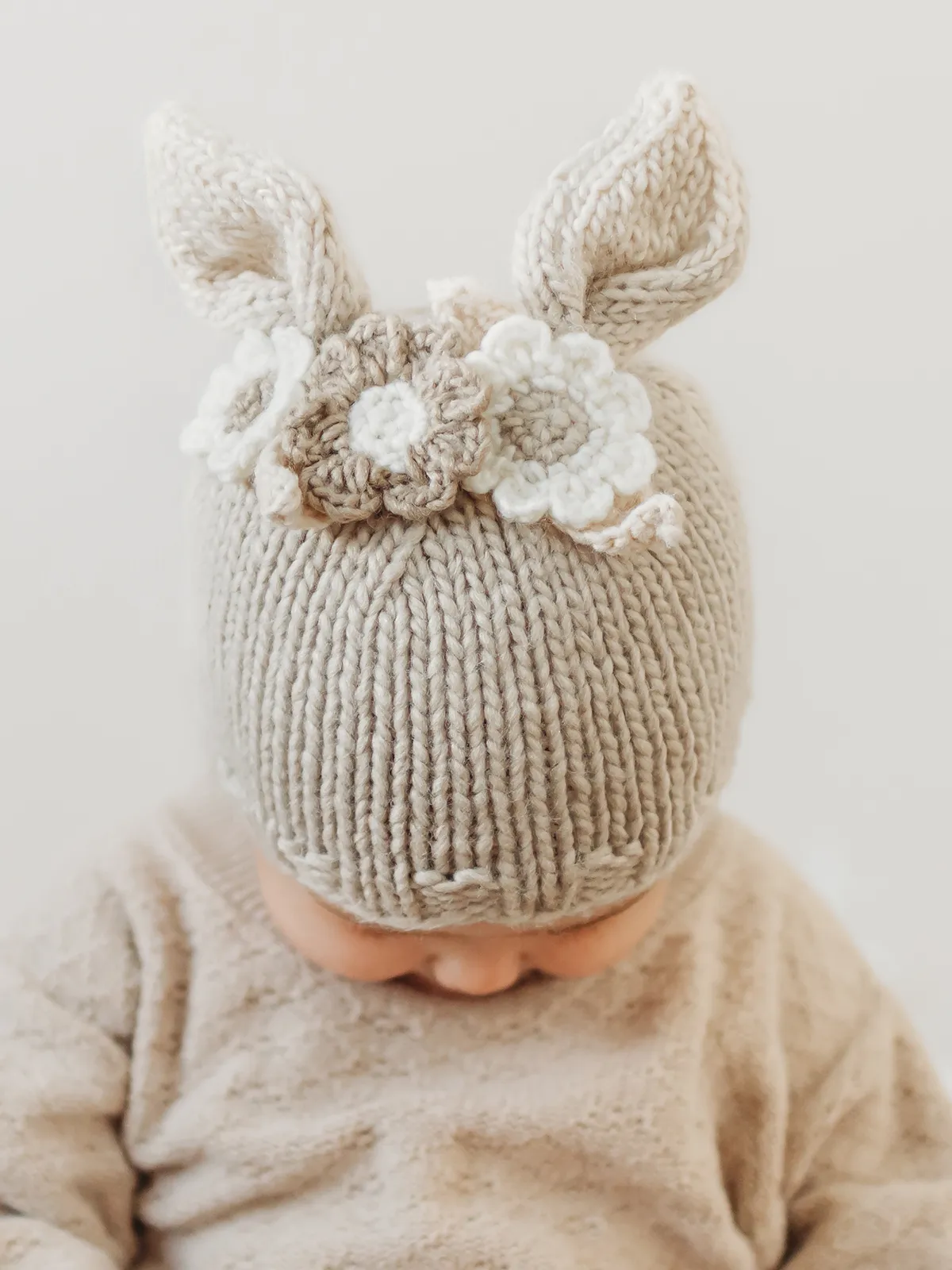 Knit Bunny Hat, Oatmeal Flowers