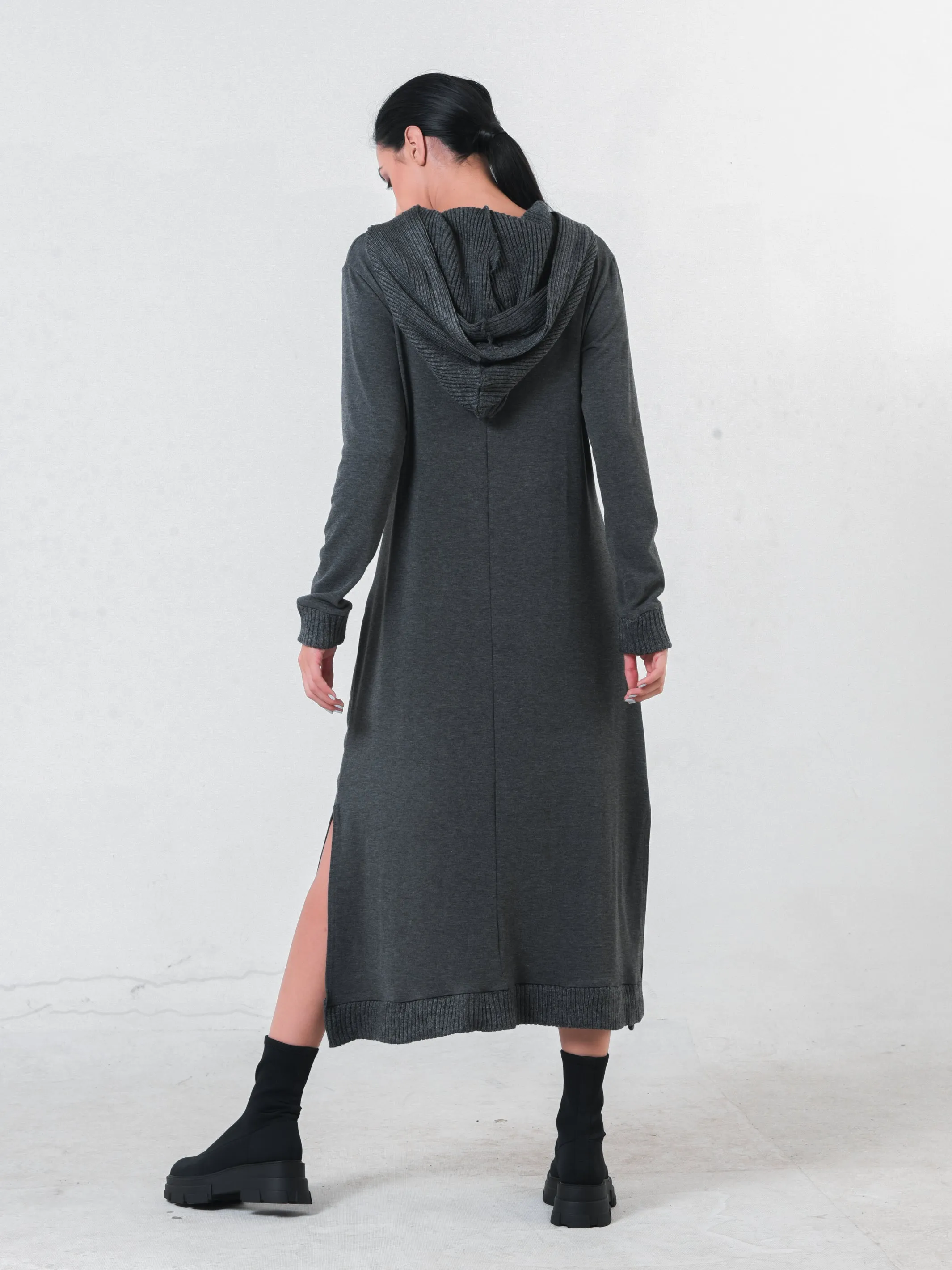 Knitted Long Sleeve Hooded Dress In Dark Gray