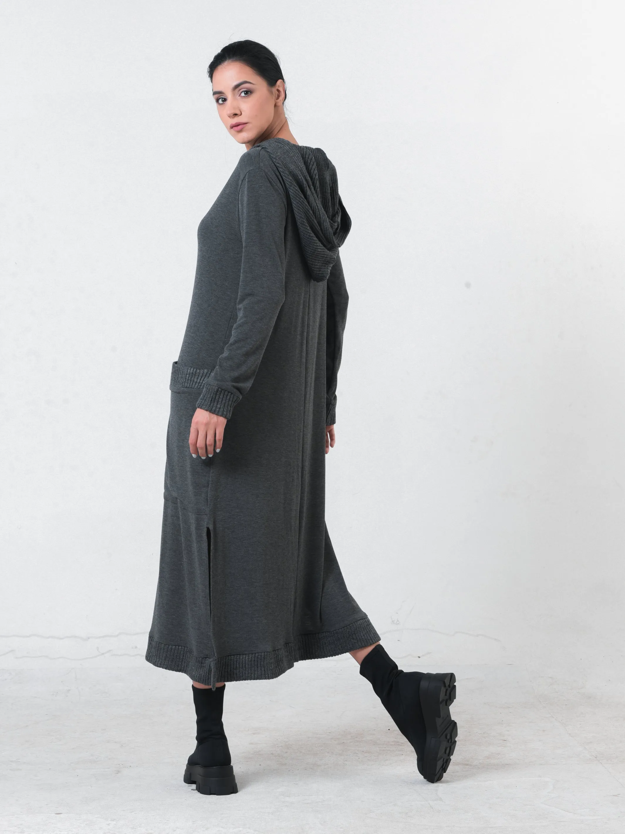 Knitted Long Sleeve Hooded Dress In Dark Gray