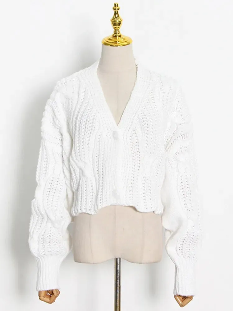 Knitting White Sweater For Women V Neck Long Sleeve Solid Minimalist Single Breasted Cardigan Female Clothing