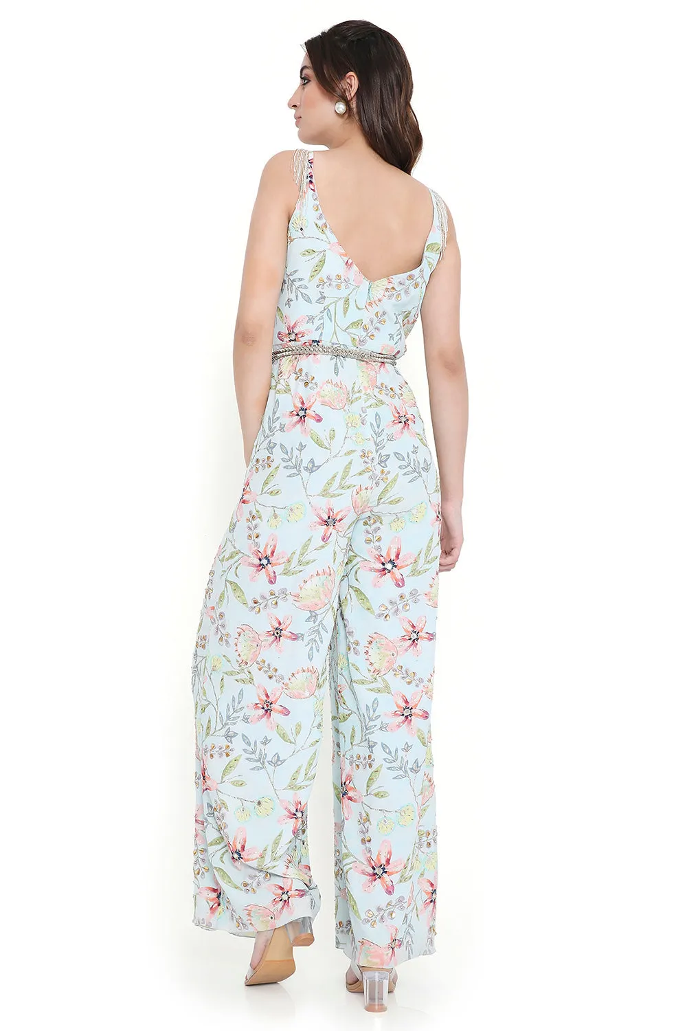 Lavender Dream Print Embroidered Jumpsuit With Embroidered Leather Belt