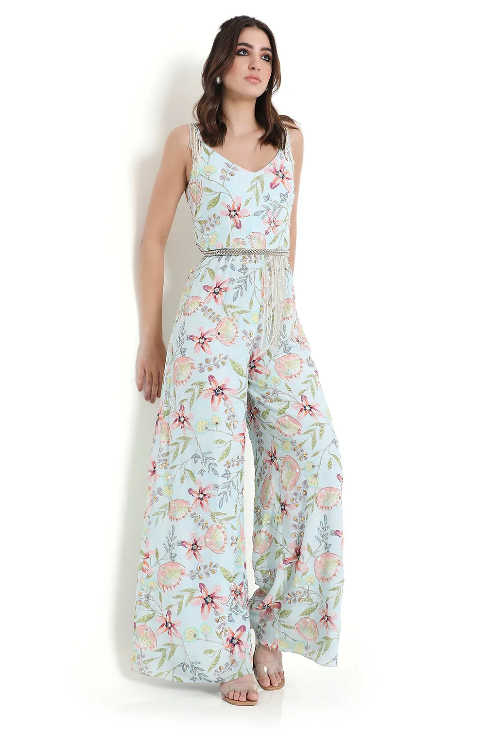 Lavender Dream Print Embroidered Jumpsuit With Embroidered Leather Belt