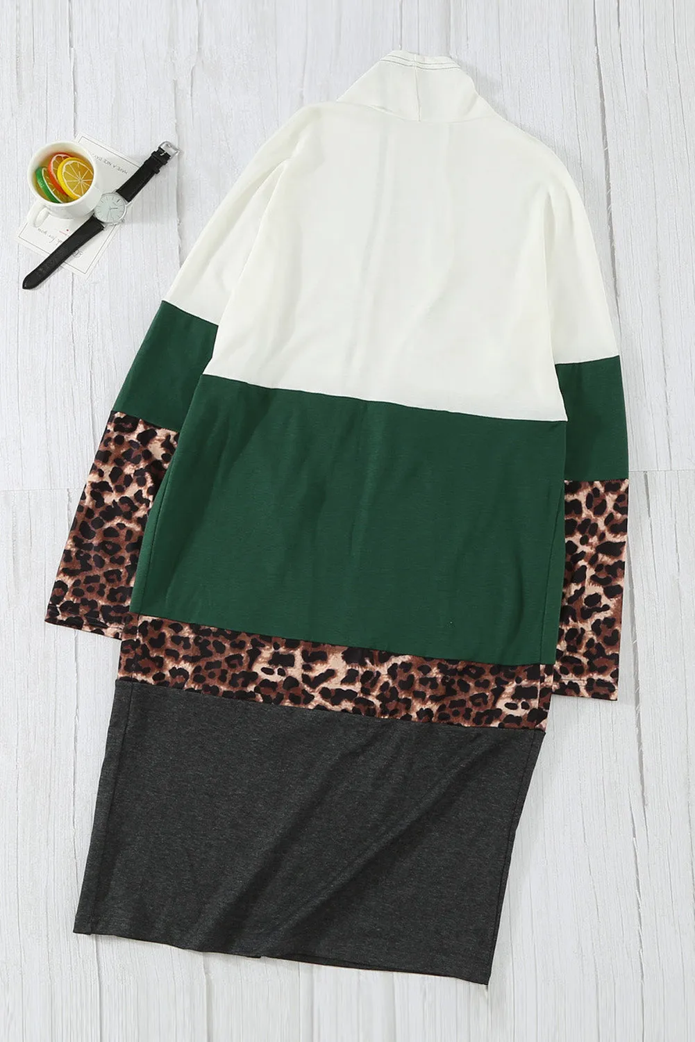 Leopard Color Block Open Front Longline Cardigan