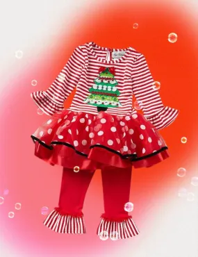 Little Girls Rare Editions Christmas Tree Mixed-Media TuTu Dress & Solid Leggings Set