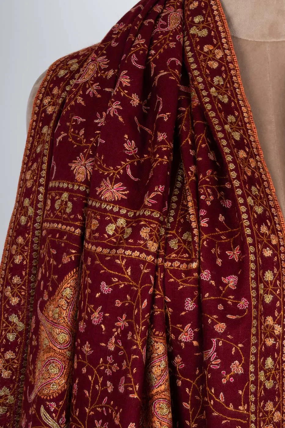 Maroon and Black Hand Embroidered Pashmina Shawl - NEWPORT