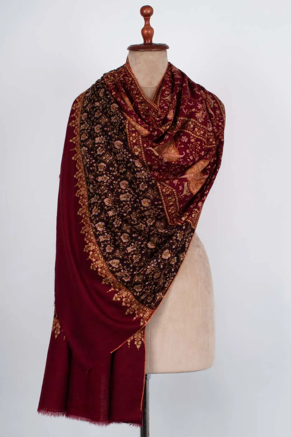 Maroon and Black Hand Embroidered Pashmina Shawl - NEWPORT