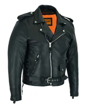 Mens Classic Police Style Motorcycle Jacket Side Laces Premium Cowhide Leather