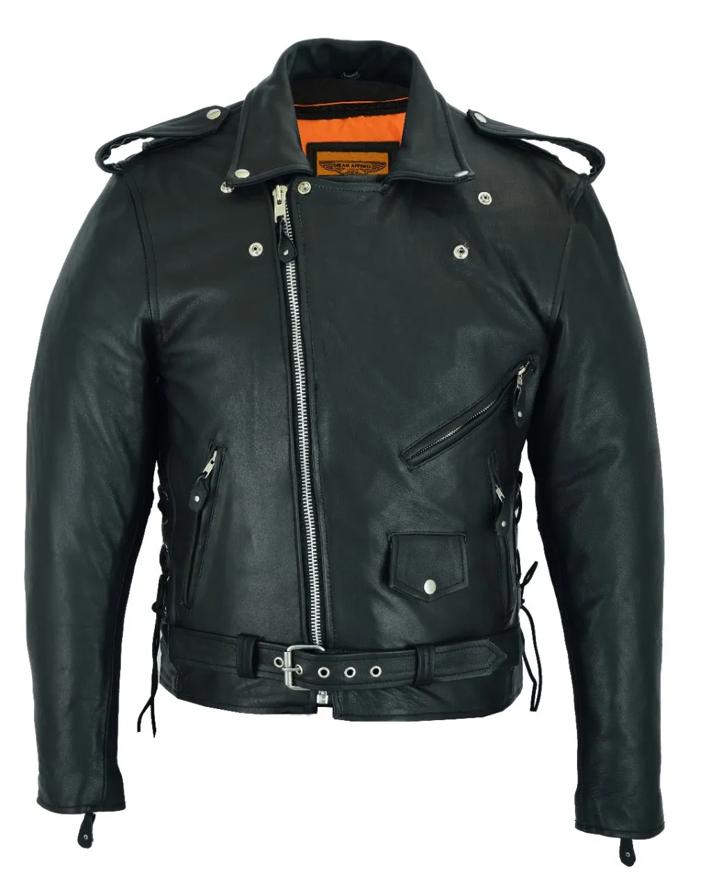 Mens Classic Police Style Motorcycle Jacket Side Laces Premium Cowhide Leather