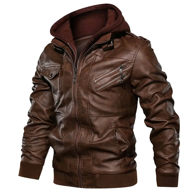 Men's Faux Leather Jacket with Removable Hood