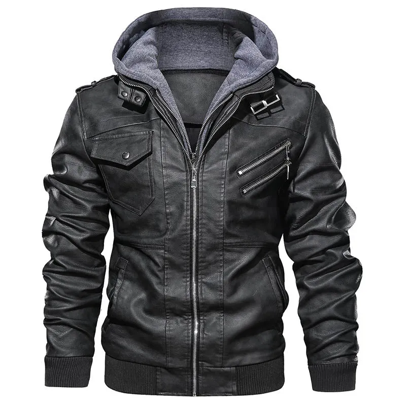 Men's Faux Leather Jacket with Removable Hood