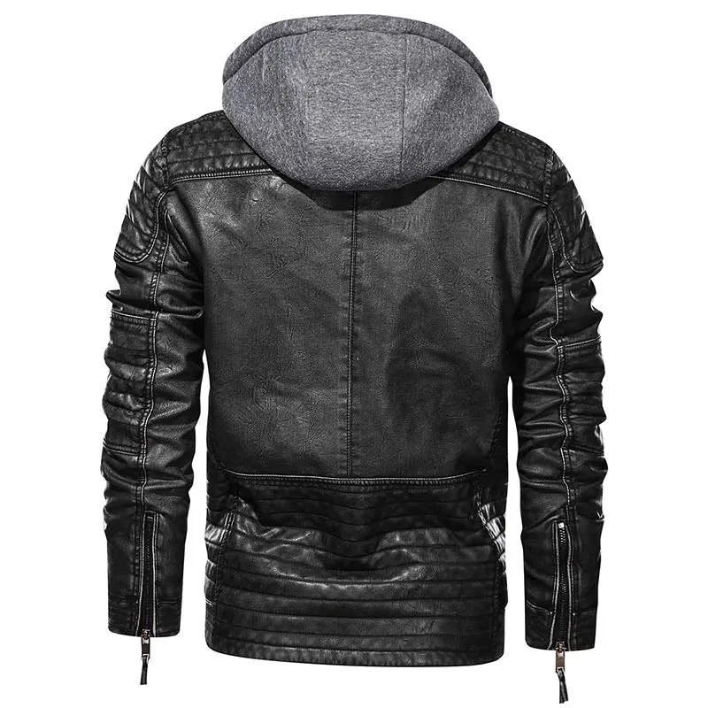 Men's Faux Leather Jacket with Removable Hood