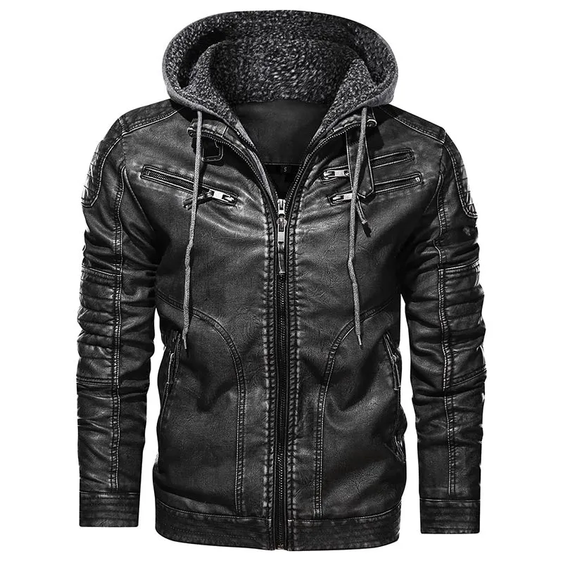 Men's Faux Leather Jacket with Removable Hood