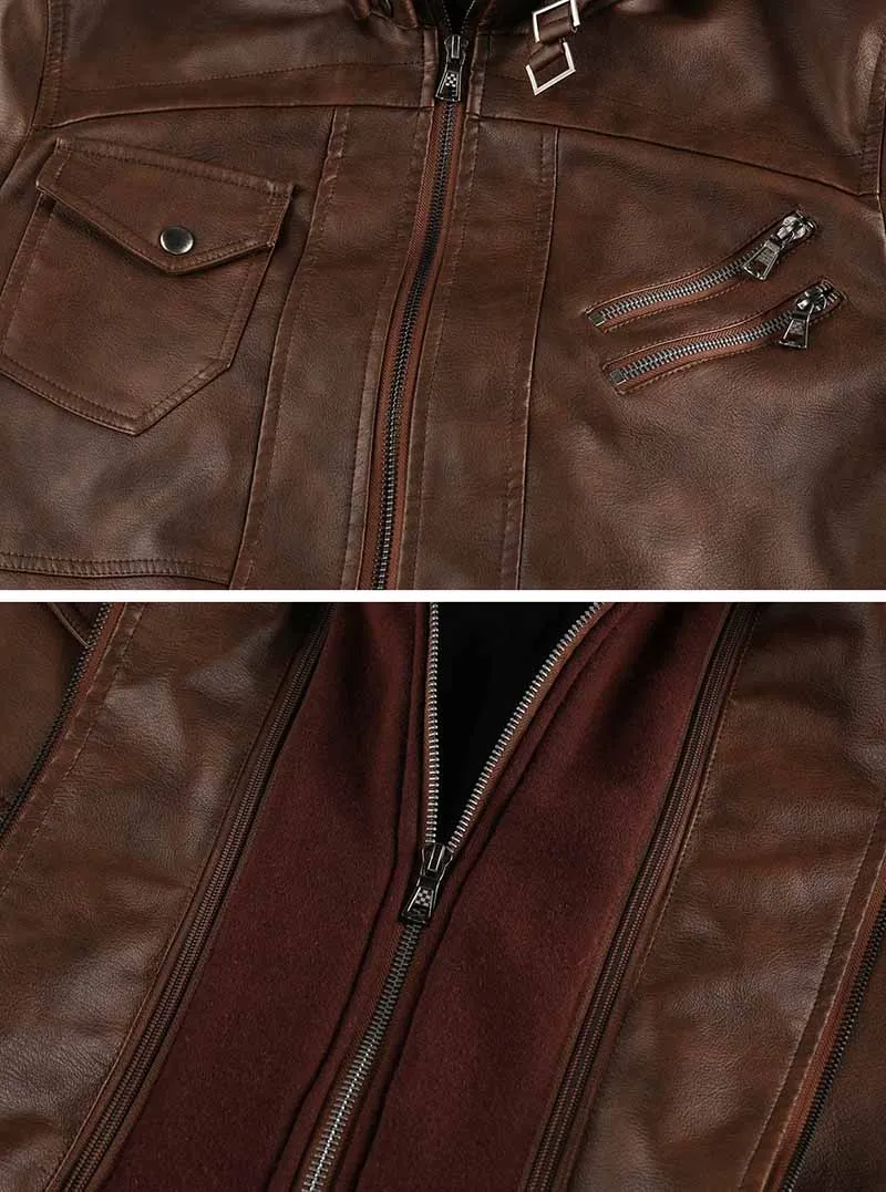 Men's Faux Leather Jacket with Removable Hood