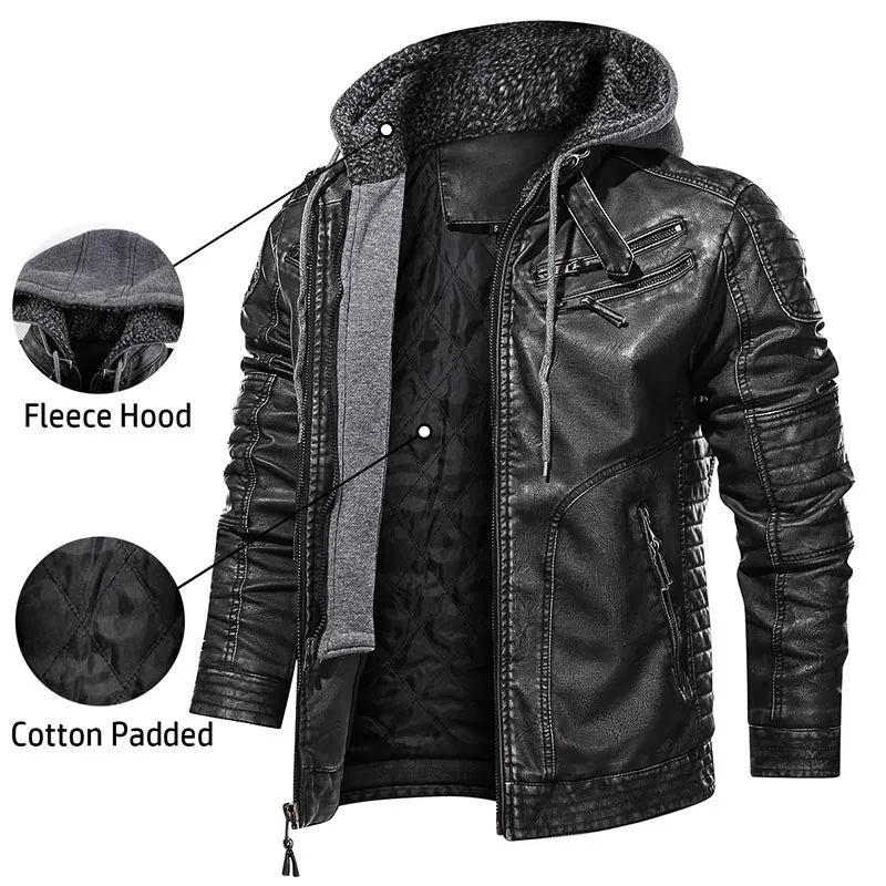 Men's Faux Leather Jacket with Removable Hood