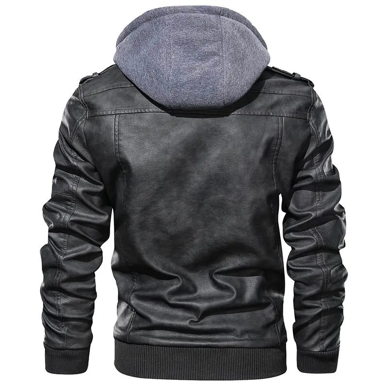 Men's Faux Leather Jacket with Removable Hood