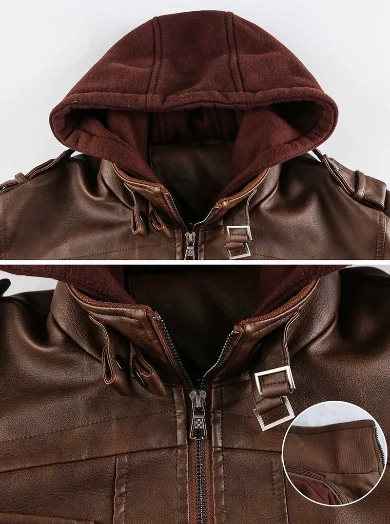 Men's Faux Leather Jacket with Removable Hood