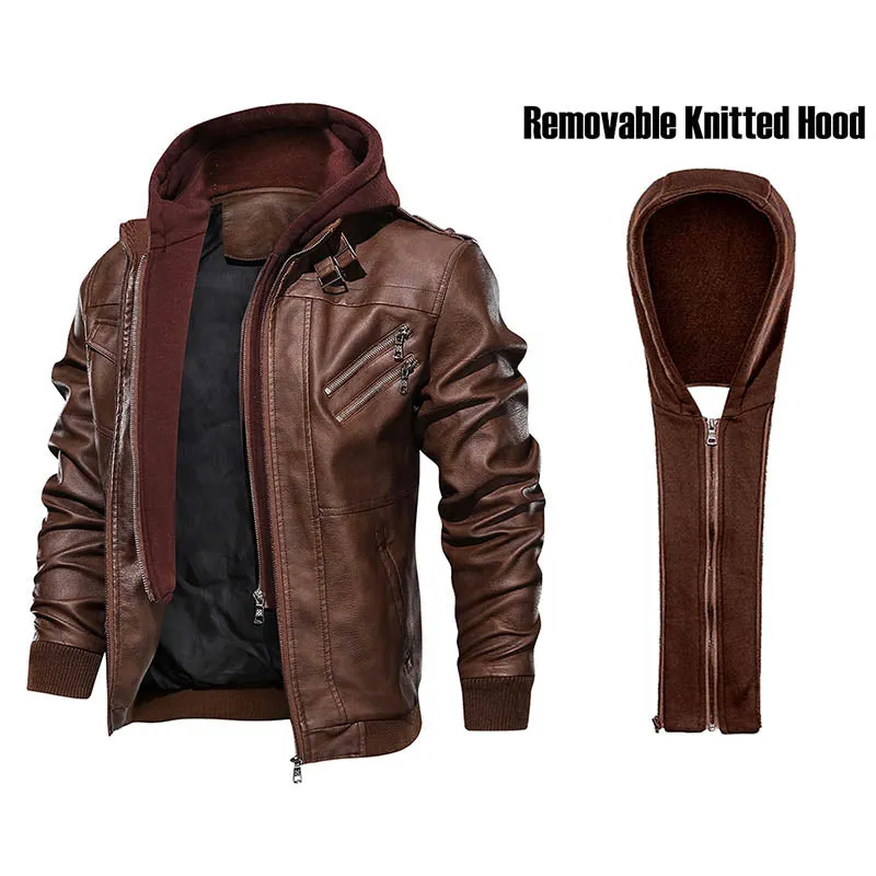 Men's Faux Leather Jacket with Removable Hood