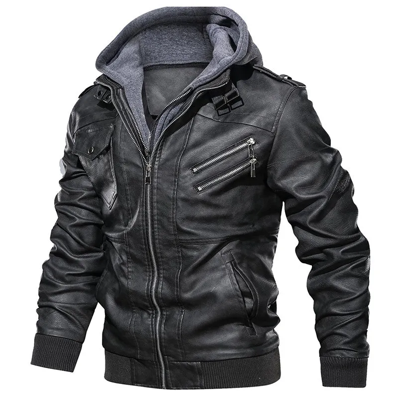 Men's Faux Leather Jacket with Removable Hood