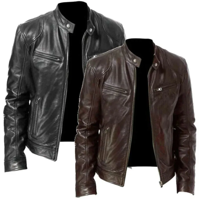 Mens Motorcycle Leather Jacket Slim Fit Short-Coat Lapel PU Jackets Autumn New Zipper Stand Windproof Leather Coat Mens Clothing