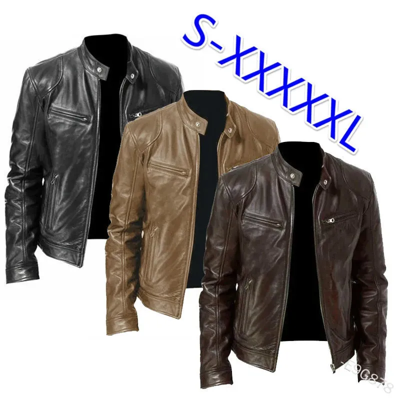 Mens Motorcycle Leather Jacket Slim Fit Short-Coat Lapel PU Jackets Autumn New Zipper Stand Windproof Leather Coat Mens Clothing