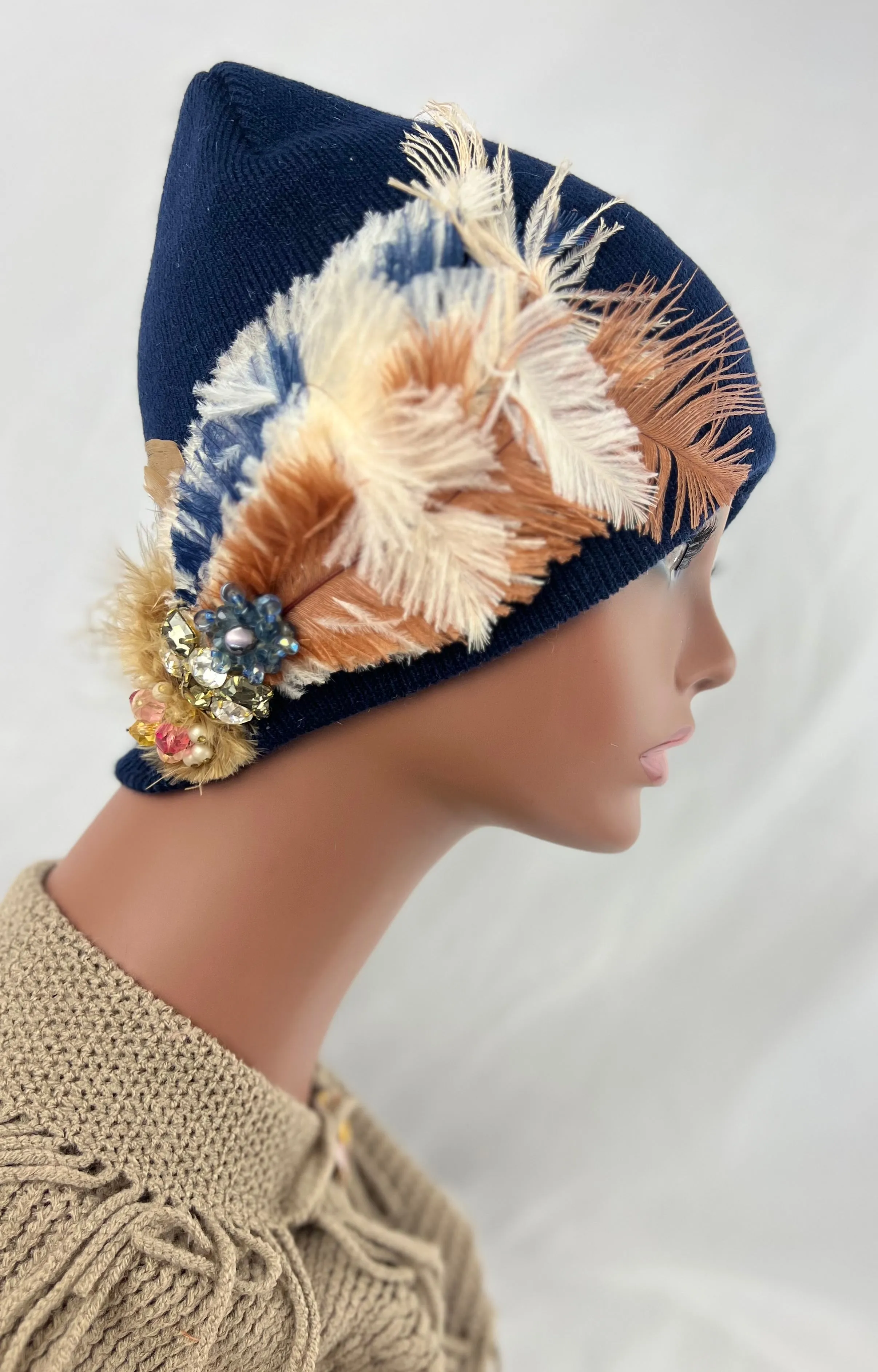 MIDNIGHT BLUE COLLECTION - Embellished Feathered & Vintage Jeweled Knit Hats