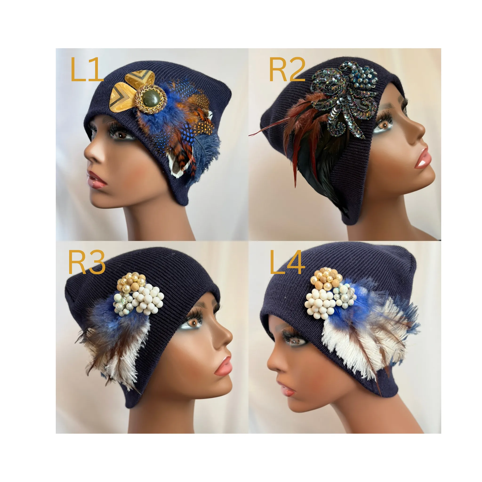 MIDNIGHT BLUE COLLECTION - Embellished Feathered & Vintage Jeweled Knit Hats