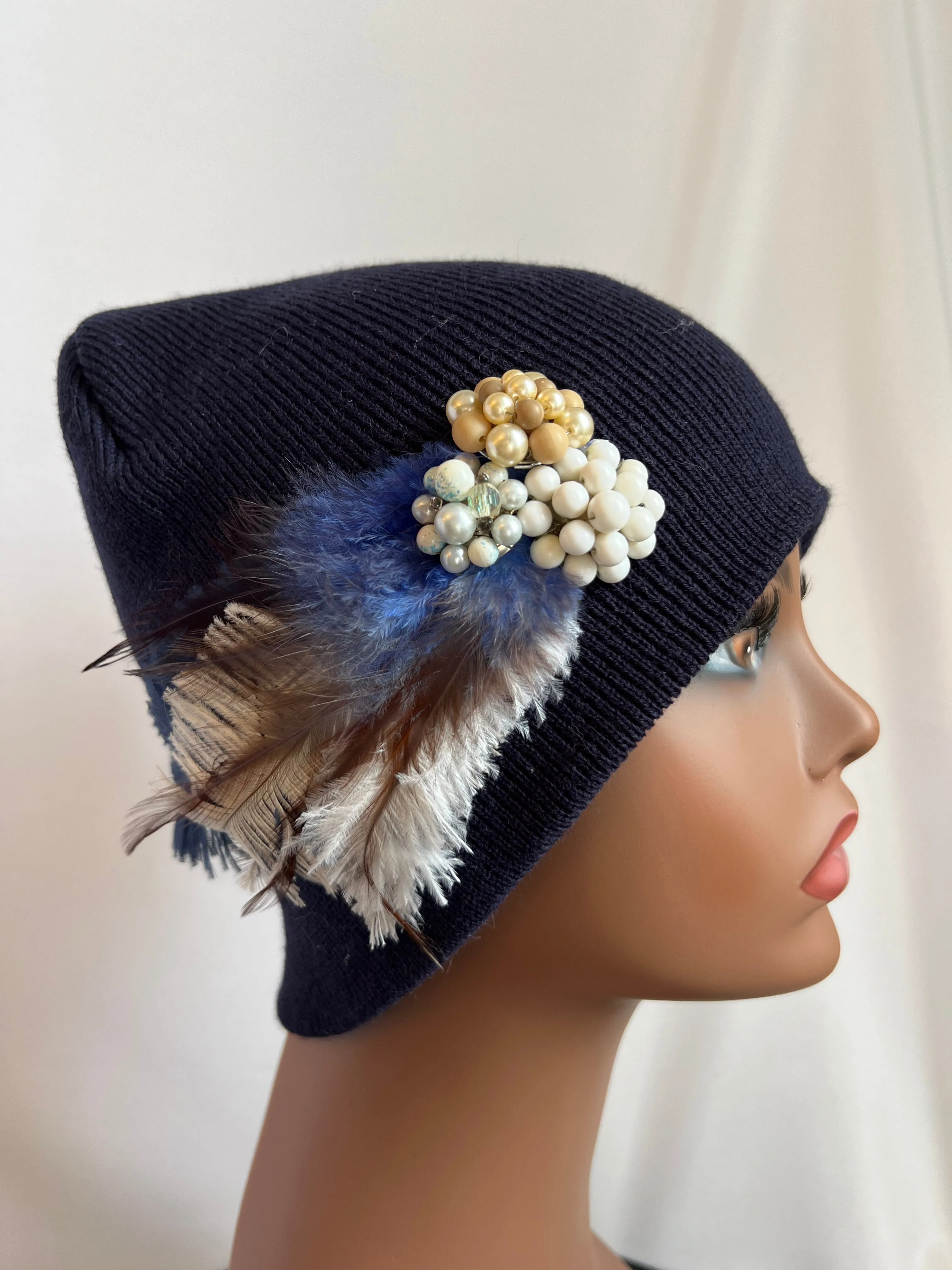 MIDNIGHT BLUE COLLECTION - Embellished Feathered & Vintage Jeweled Knit Hats