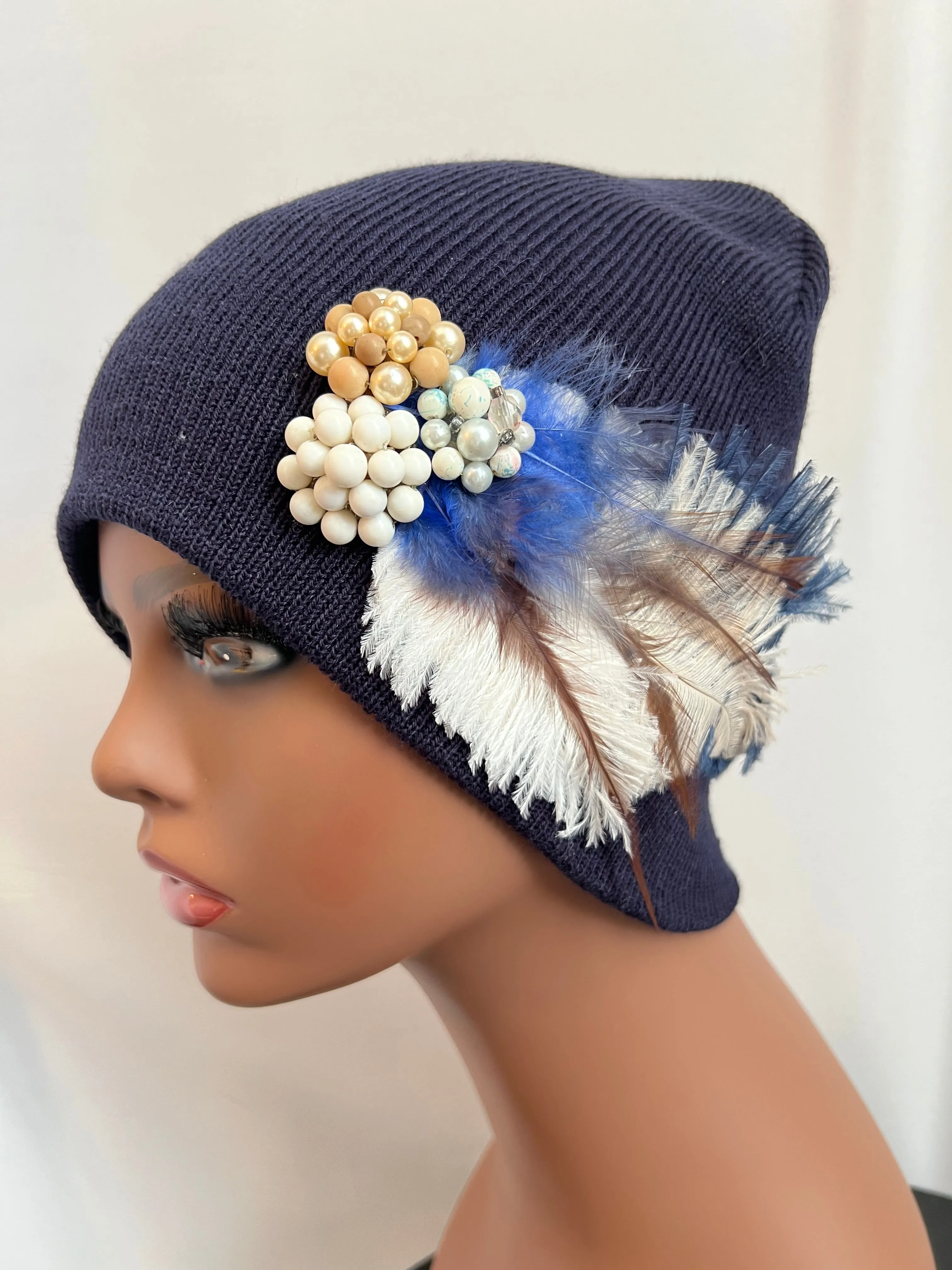 MIDNIGHT BLUE COLLECTION - Embellished Feathered & Vintage Jeweled Knit Hats