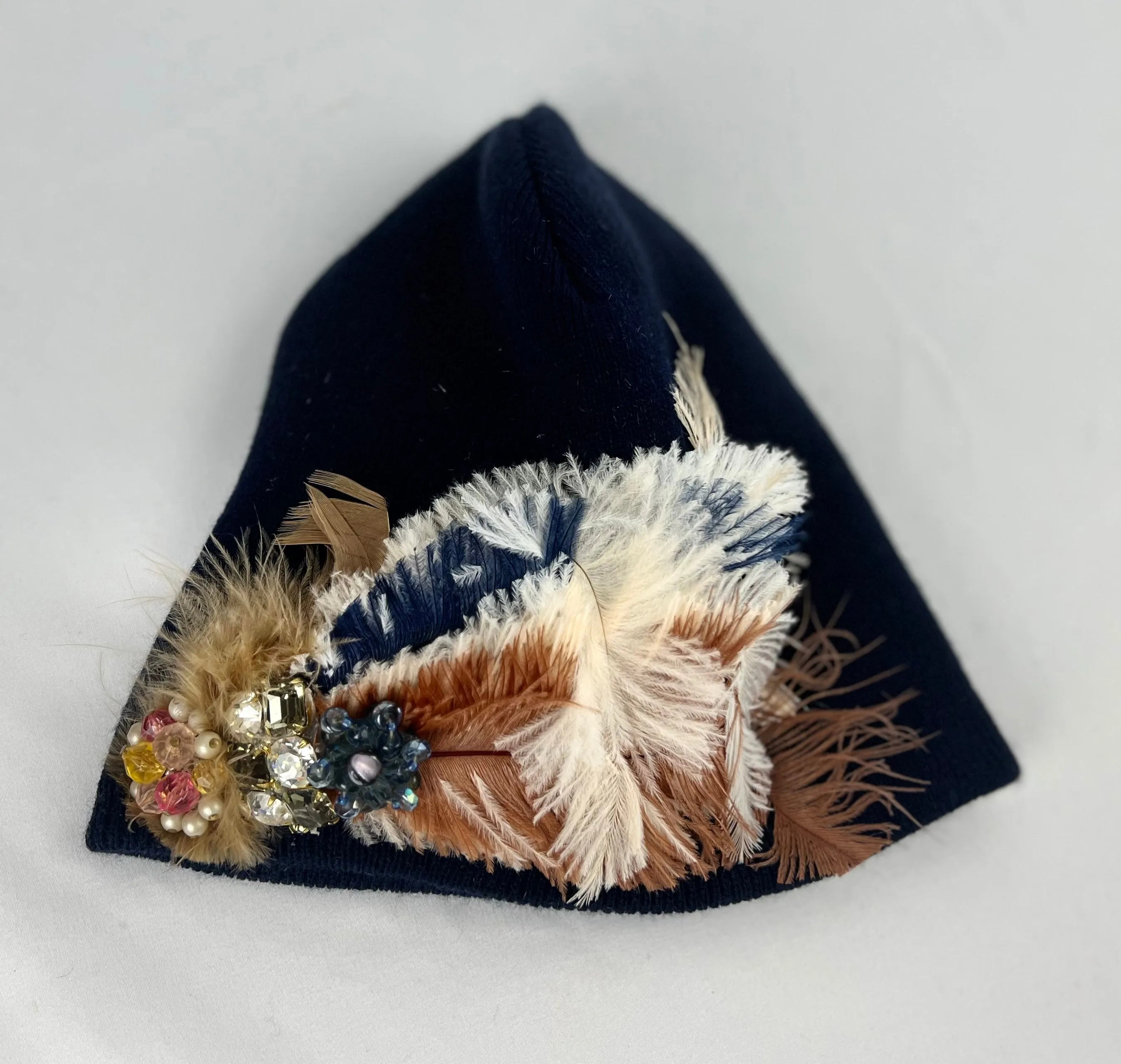 MIDNIGHT BLUE COLLECTION - Embellished Feathered & Vintage Jeweled Knit Hats