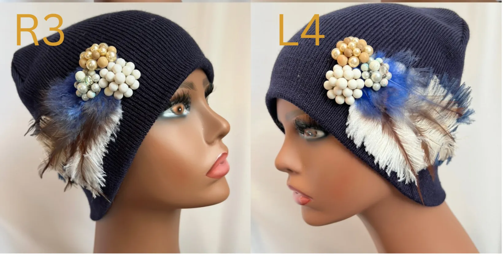 MIDNIGHT BLUE COLLECTION - Embellished Feathered & Vintage Jeweled Knit Hats