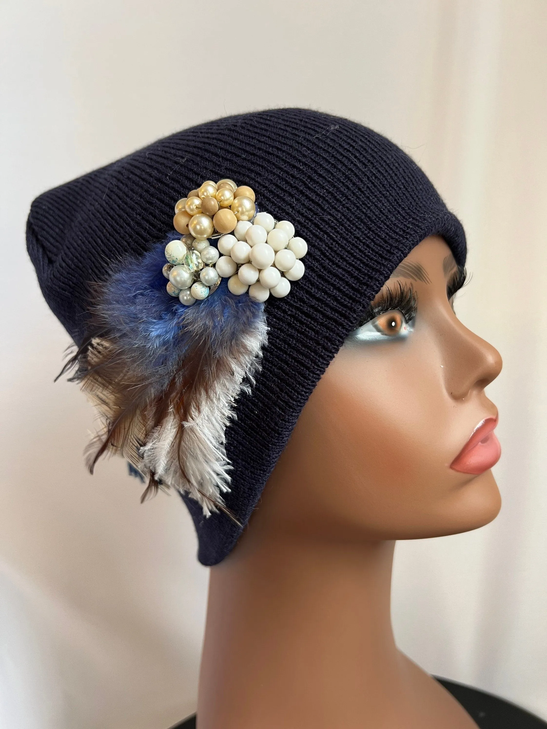 MIDNIGHT BLUE COLLECTION - Embellished Feathered & Vintage Jeweled Knit Hats