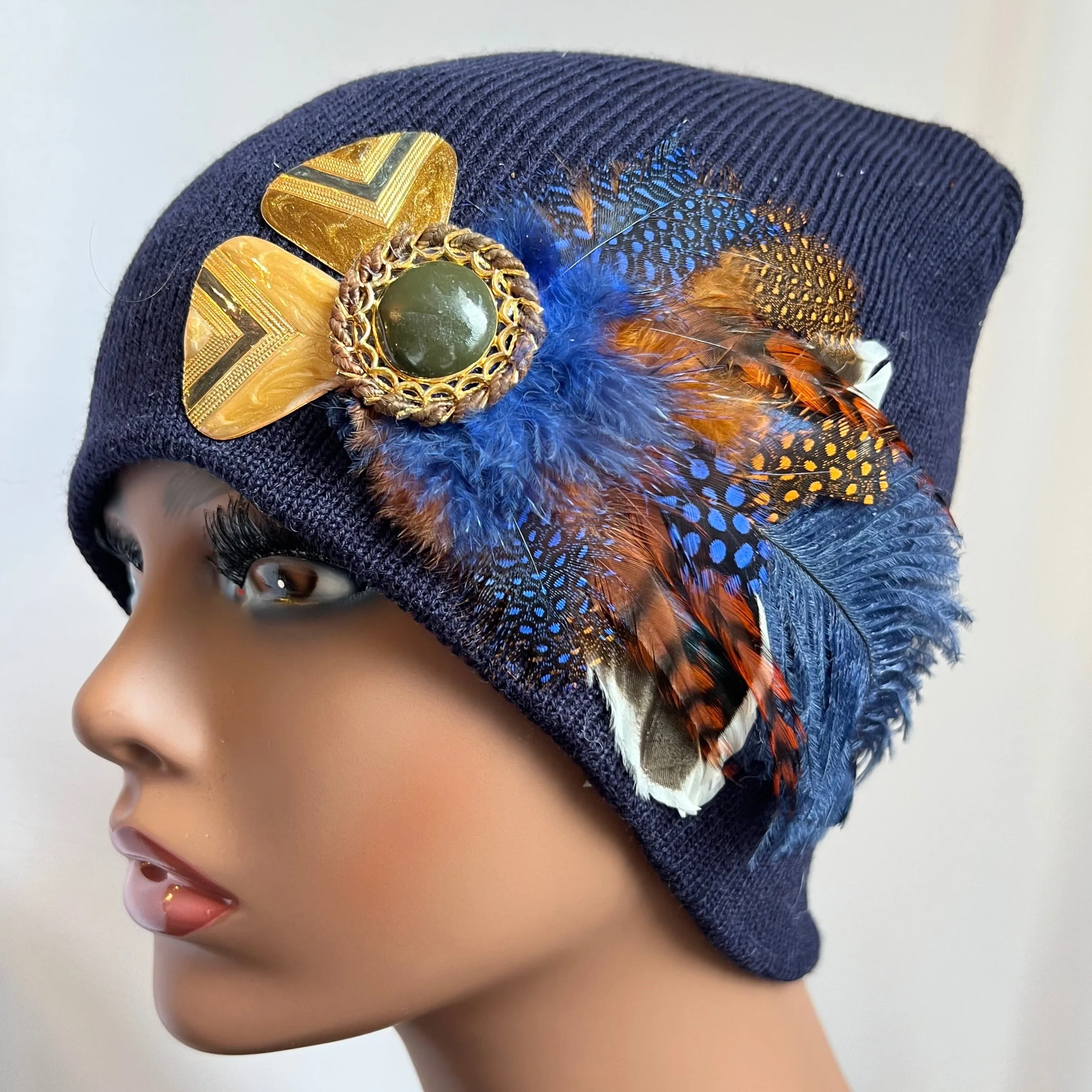 MIDNIGHT BLUE COLLECTION - Embellished Feathered & Vintage Jeweled Knit Hats