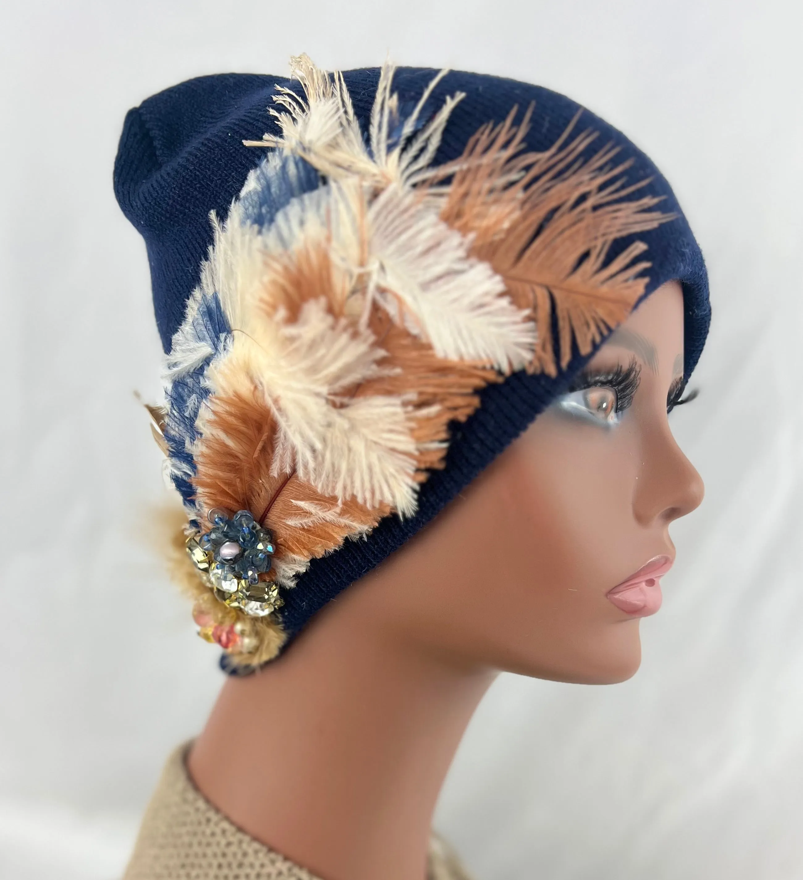 MIDNIGHT BLUE COLLECTION - Embellished Feathered & Vintage Jeweled Knit Hats