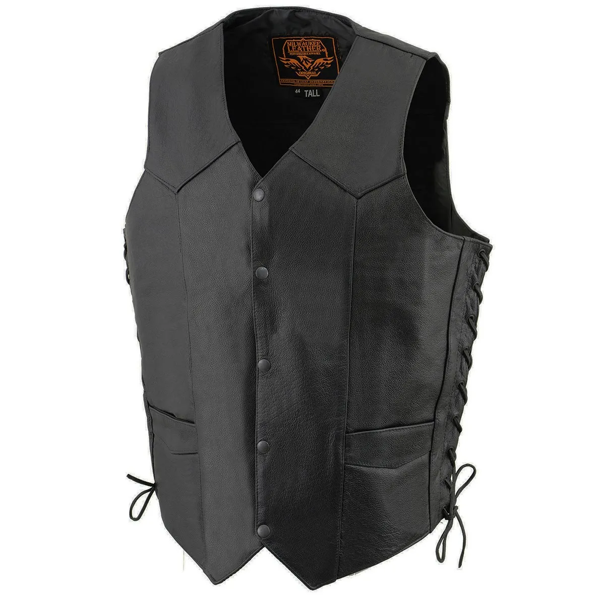 Milwaukee Leather SH1315Tall Men's Classic Black Leather V-Neck Side Lace Motorcycle Rider Vest w/ Snap Closure