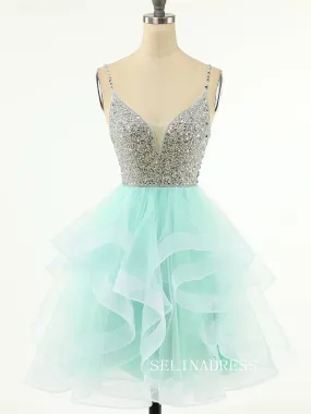 Mint Green Beaded Layered Tulle Homecoming Dress SEA011