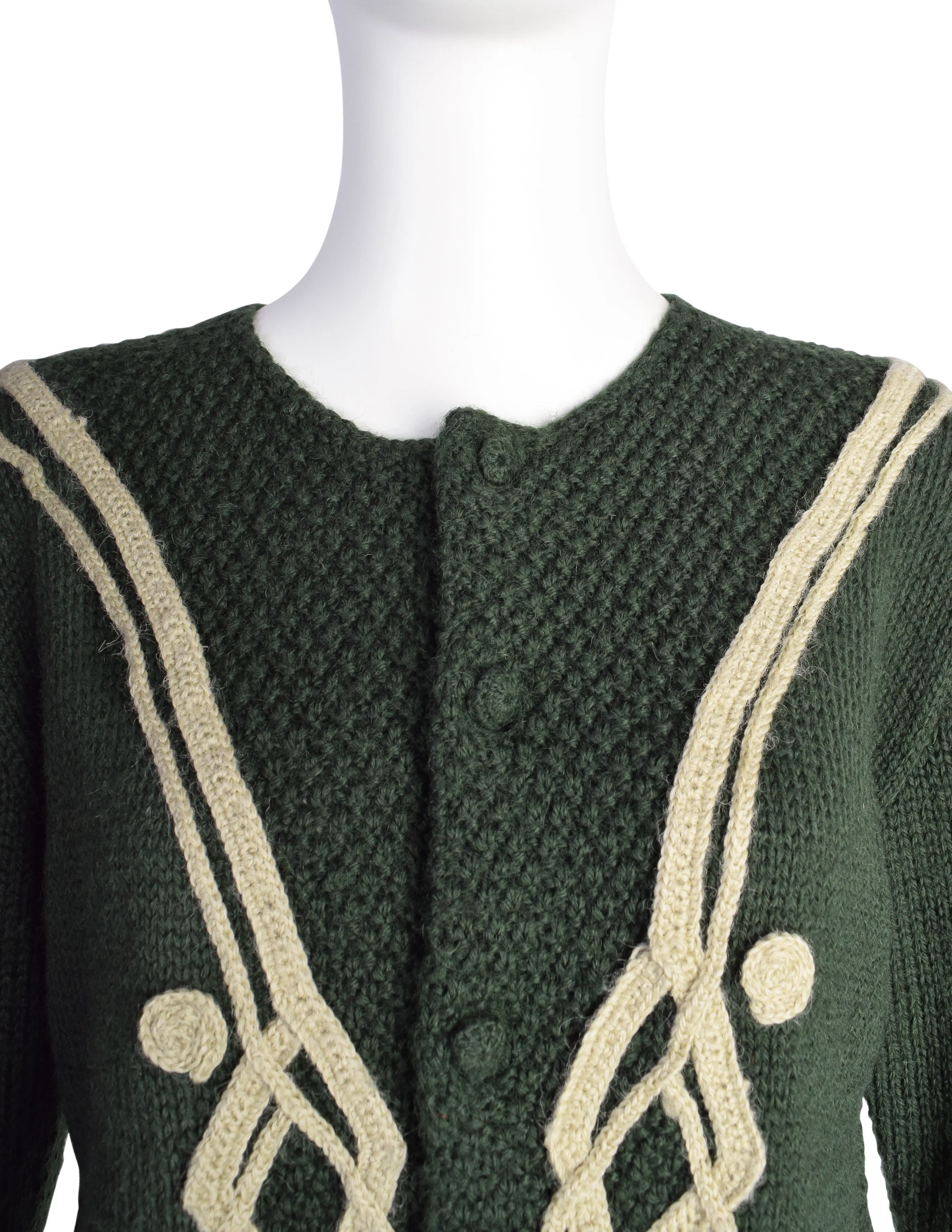 Mitsuhiro Matsuda Vintage 1980s Forest Green Applique Knit Cardigan Sweater