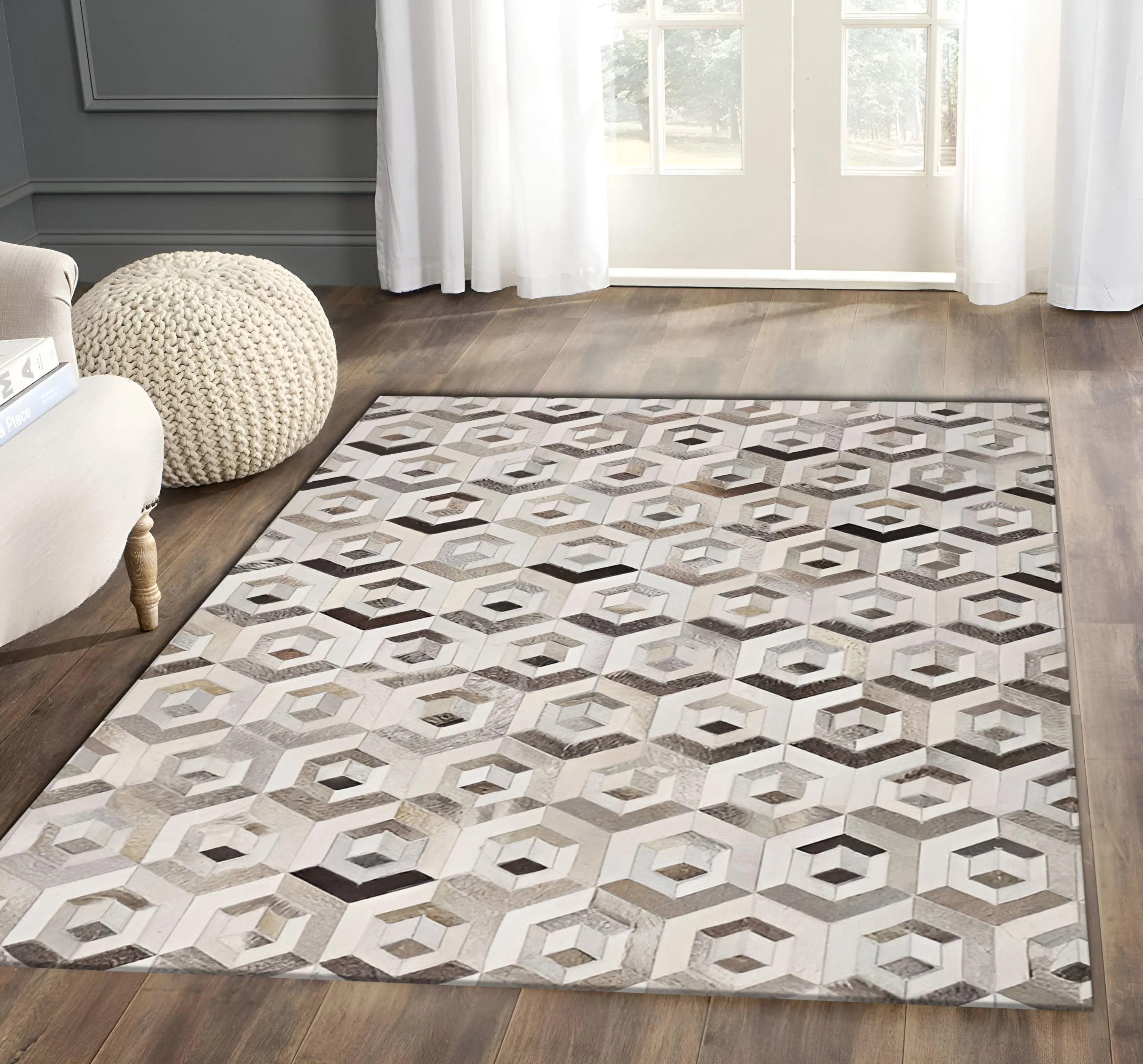 Multi Color Natural Handmade Cowhide Area Rug for Living Room, Non Slip Rug