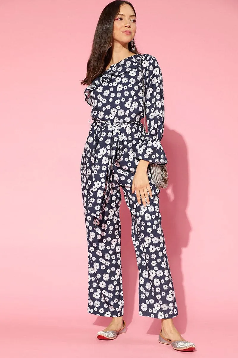 Navy Blue Polyester One Shoulder Floral Print Jumpsuit