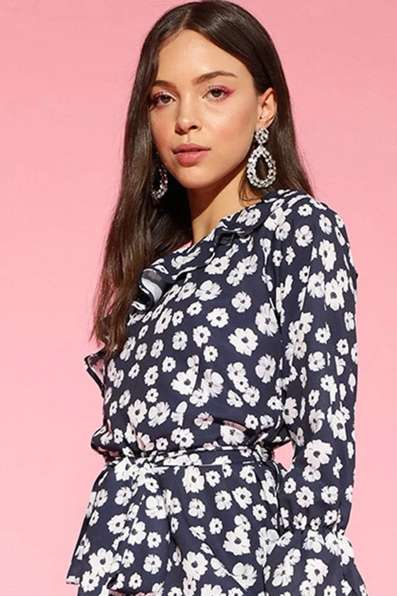 Navy Blue Polyester One Shoulder Floral Print Jumpsuit