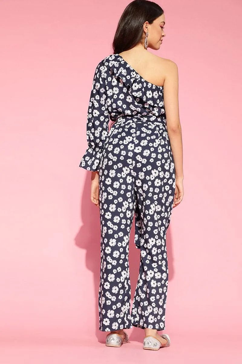 Navy Blue Polyester One Shoulder Floral Print Jumpsuit