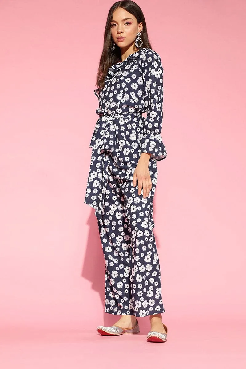 Navy Blue Polyester One Shoulder Floral Print Jumpsuit