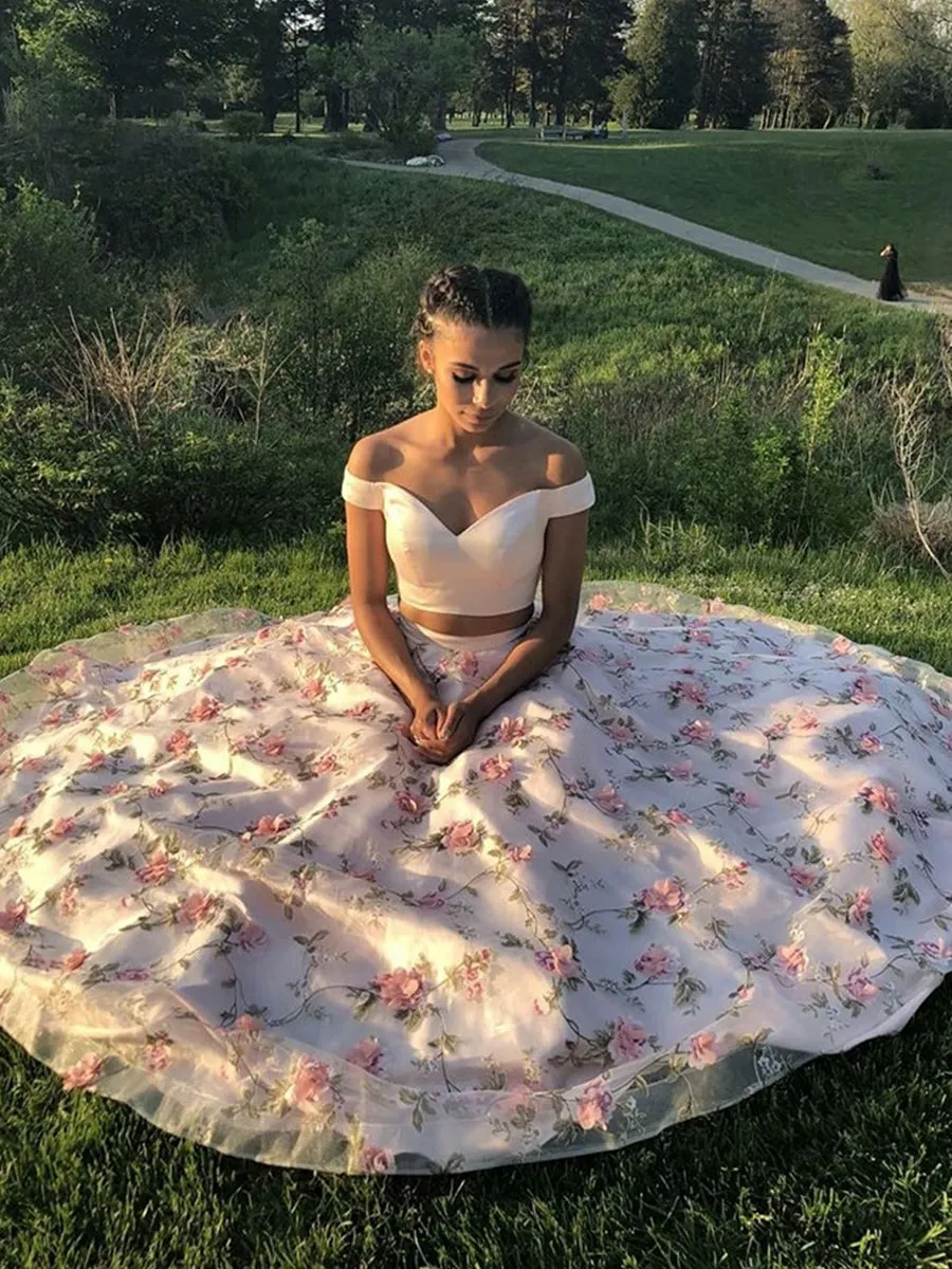 Off Shoulder Two Pieces Floor Length Appliques Pink Prom, Off Shoulder Pink Formal, Pink Evening