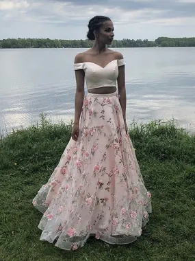 Off Shoulder Two Pieces Floor Length Appliques Pink Prom, Off Shoulder Pink Formal, Pink Evening