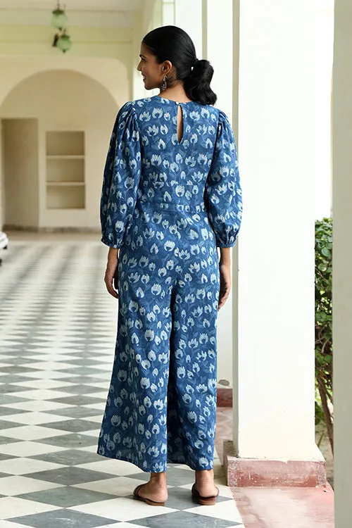 Okhai "Delphini" Handblock Printed Pure Cotton Indigo Jumpsuit