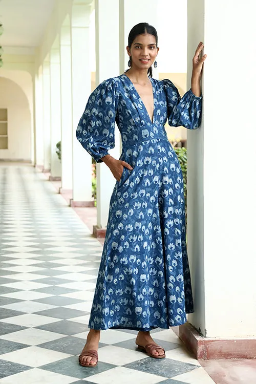 Okhai "Delphini" Handblock Printed Pure Cotton Indigo Jumpsuit