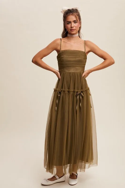 Olive Ruched Mesh Bow Detail Maxi Dress