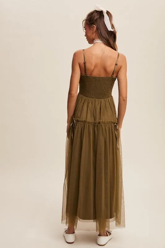 Olive Ruched Mesh Bow Detail Maxi Dress