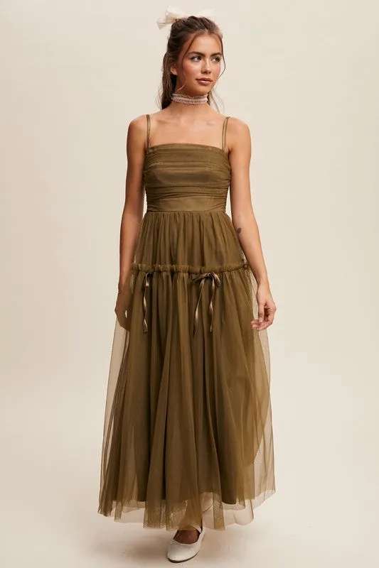 Olive Ruched Mesh Bow Detail Maxi Dress