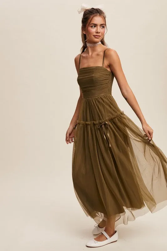 Olive Ruched Mesh Bow Detail Maxi Dress