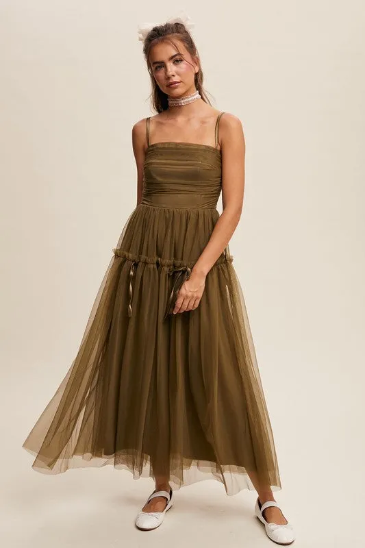 Olive Ruched Mesh Bow Detail Maxi Dress